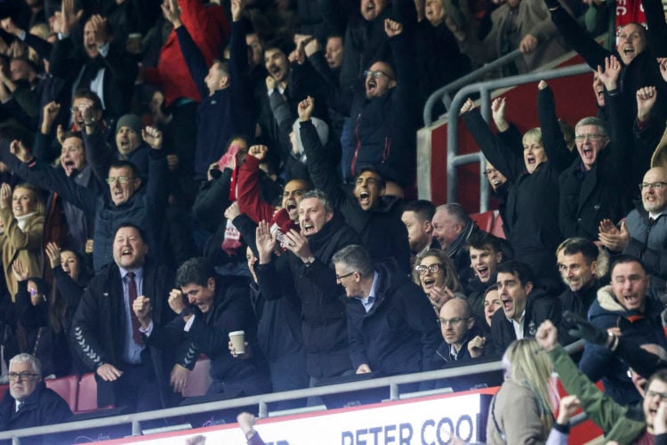 Prime Minister Rishi Sunak, a Southampton fan, gets to his feet and punches the air after Carlos Alcaraz of Southampton scores a goal to make it 1-...