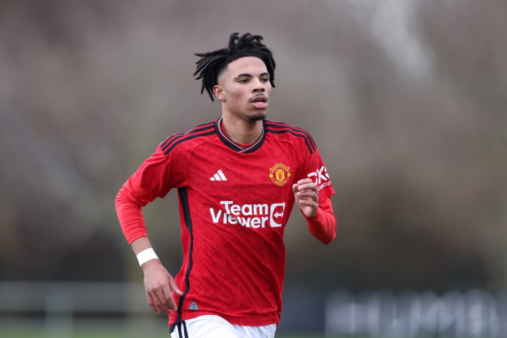 Ethan Williams of Manchester United U18 looks on during the U18 Premier League match between Newcastle United U18 and Manchester United U18 at Newc...