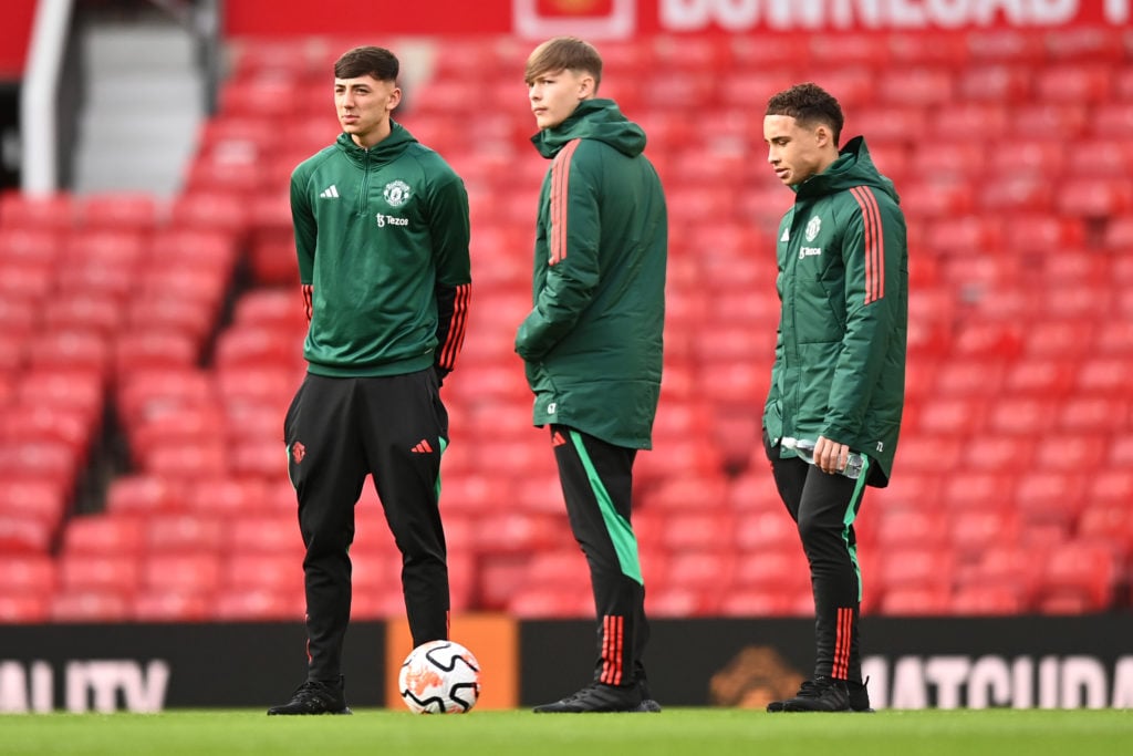 Sonny Aljofree, Sam Mather, Sam Murray of Manchester United U21s arrive ahead of the Premier League 2 match between Manchester United U21 and Norwi...