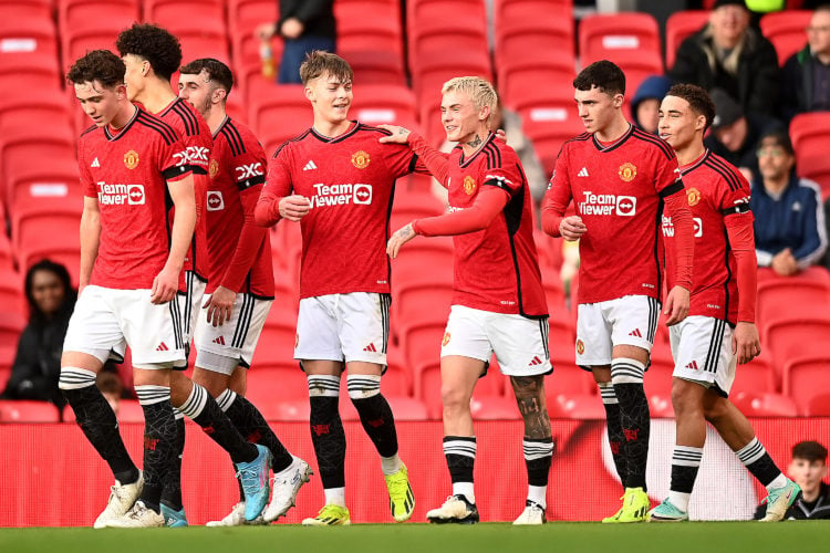 Sam Mather of Manchester United U21 celebrates scoring their second goal during the Premier League 2 match between Manchester United U21 and Norwic...