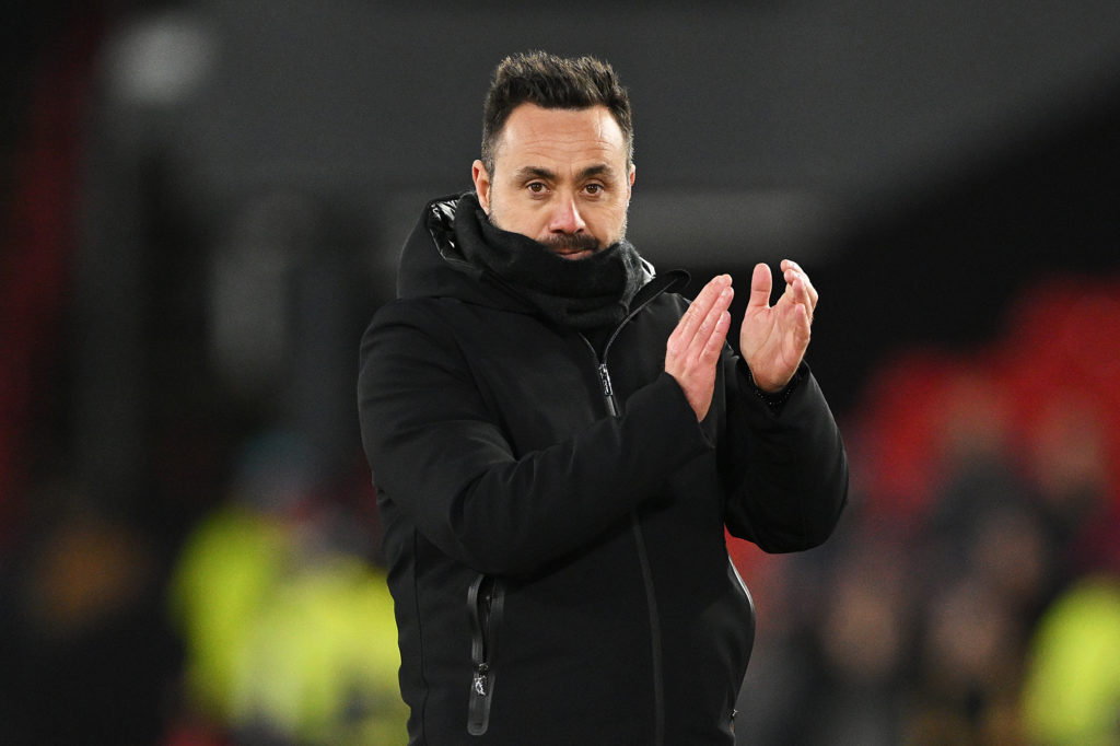 Roberto De Zerbi, Manager of Brighton & Hove Albion, applauds fans following the Emirates FA Cup Fourth Round match between Sheffield United an...