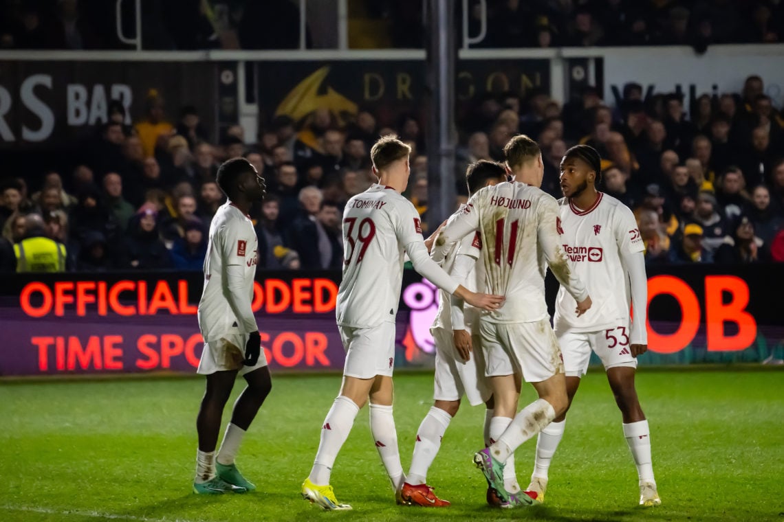 Rasmus Hojlund of Manchester United celebrates scoring their fourth goal during the Emirates FA Cup Fourth Round match between Newport County and M...