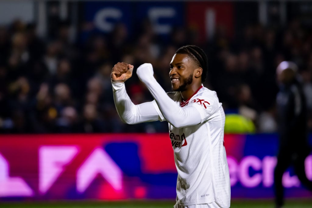 Willy Kambwala of Manchester United applauds fans after the Emirates FA Cup Fourth Round match between Newport County and Manchester United at Rodn...