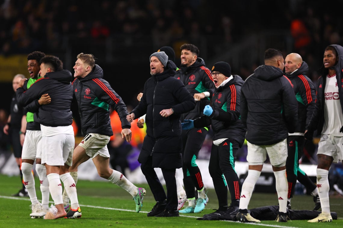 Erik ten Hag the head coach / manager of Manchester United celebrates his teams 3-4 winning goal during the Premier League match between Wolverhamp...