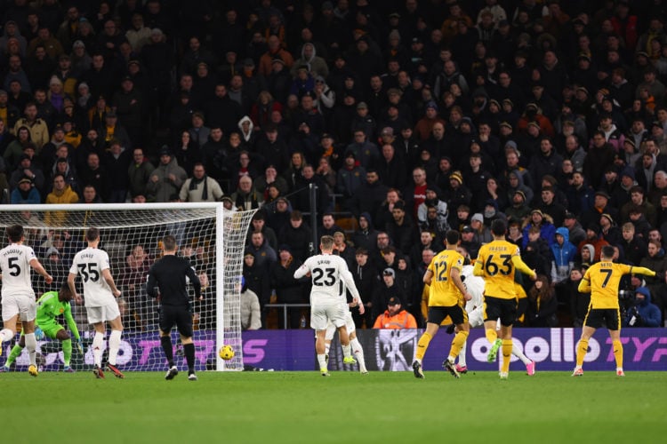 Pedro Neto of Wolverhampton Wanderers scores a goal to make it 3-3 during the Premier League match between Wolverhampton Wanderers and Manchester U...