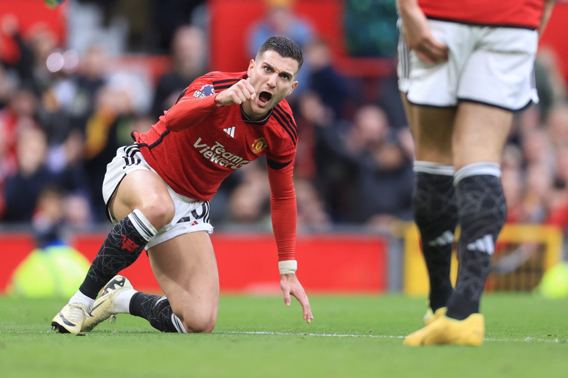 Diogo Dalot of Manchester United celebrates during the Premier League match between Manchester United and West Ham United at Old Trafford on Februa...