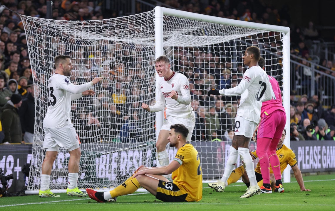 Rasmus Hojlund of Manchester United celebrates with Luke Shaw and Marcus Rashford after scoring their second goal during the Premier League match b...