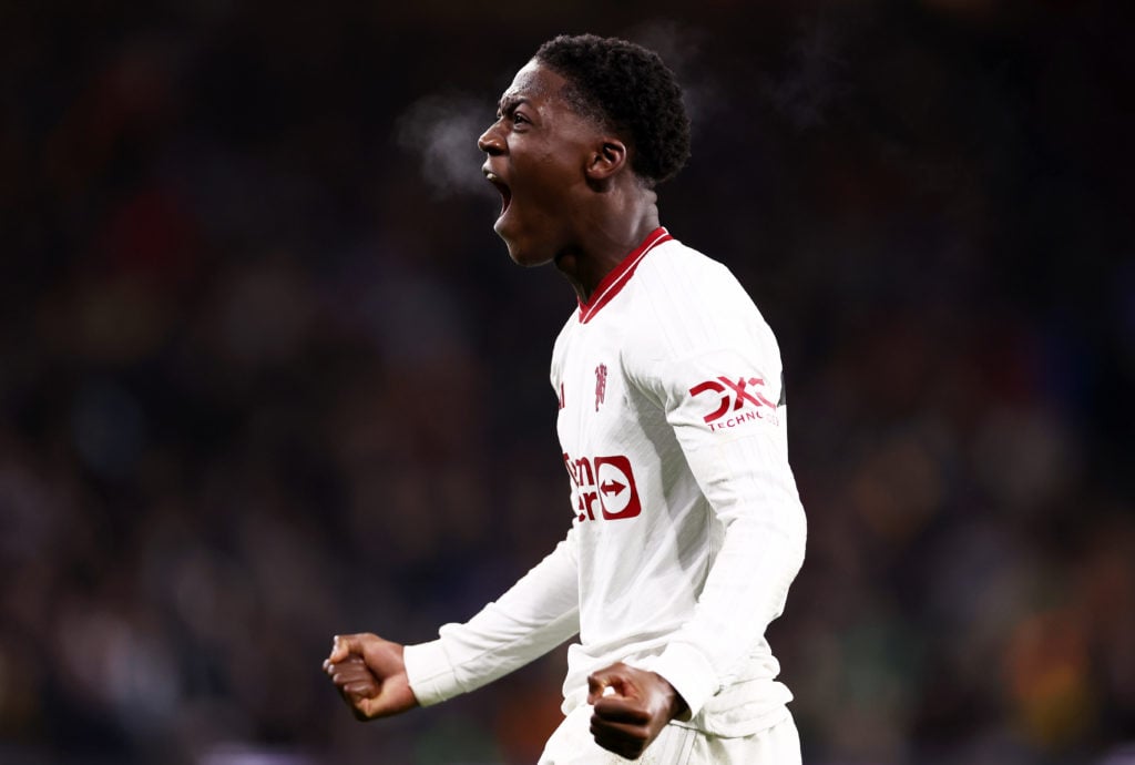 Kobbie Mainoo of Manchester United celebrates scoring his team's fourth goal during the Premier League match between Wolverhampton Wanderers and Ma...