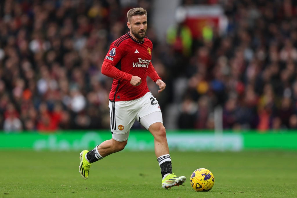 Luke Shaw of Manchester United during the Premier League match between Manchester United and West Ham United at Old Trafford on February 4, 2024 in...