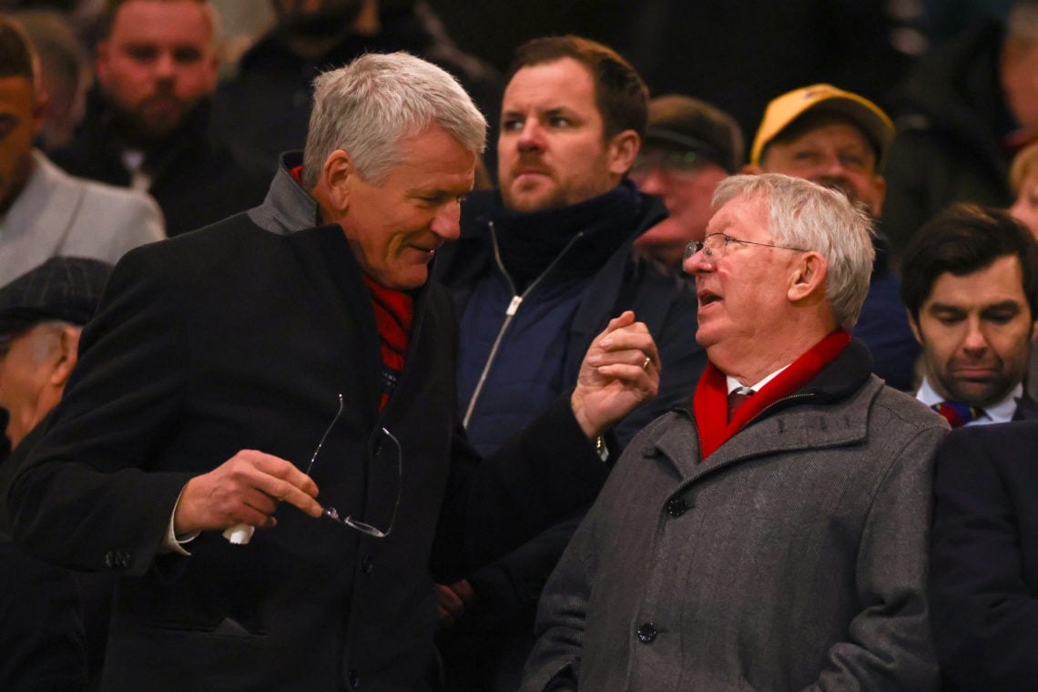 Sir Alex Ferguson and David Gill look on during the Premier League match between Wolverhampton Wanderers and Manchester United at Molineux on Febru...