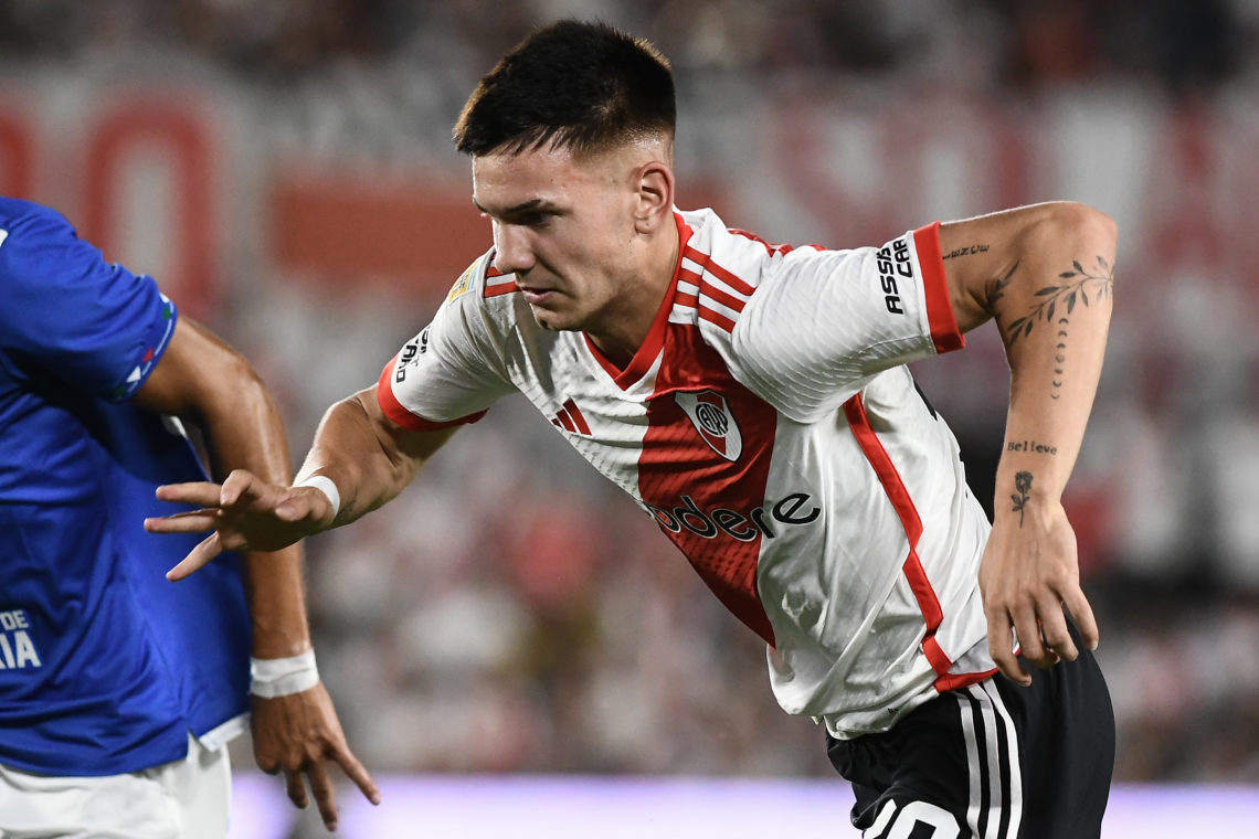 Franco Mastantuono of River Plate seen in action during the Copa de La Liga 2024 Group A match between River Plate and Velez Sarfield at Estadio Ma...