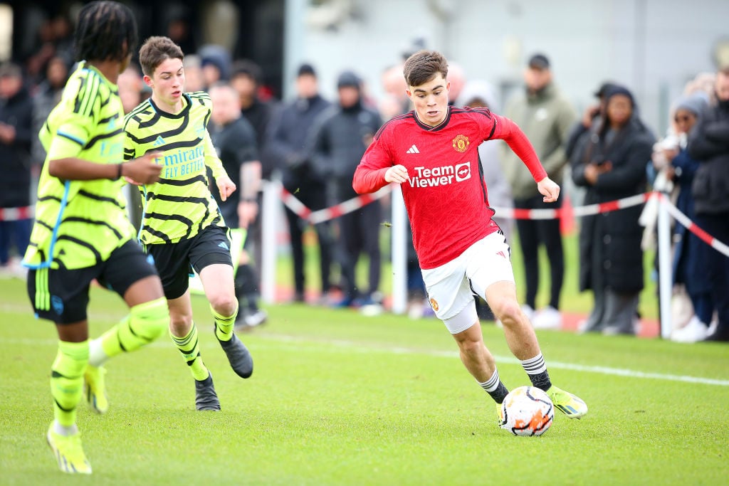 Harry Amass of Manchester United U18s in action during the U18 Premier League match between Manchester United U18s and Arsenal U18s at Carrington T...