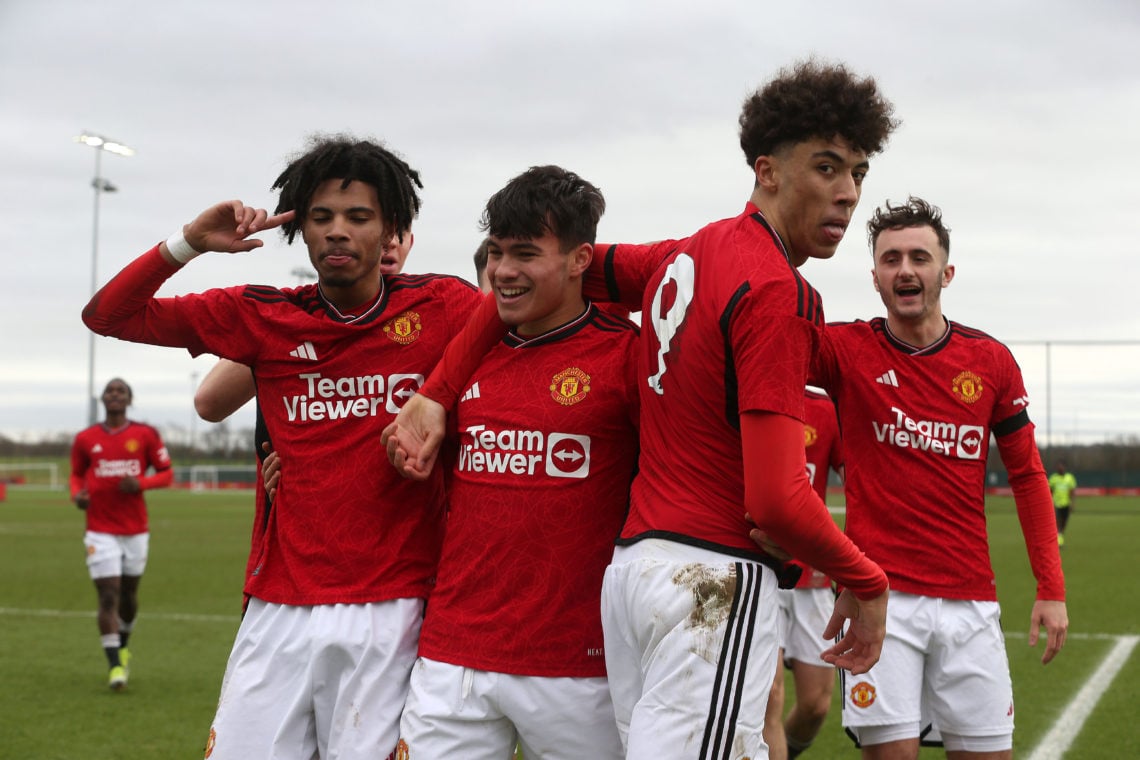 Ethan Williams of Manchester United U18s celebrates scoring their third goal during the U18 Premier League match between Manchester United U18s and...