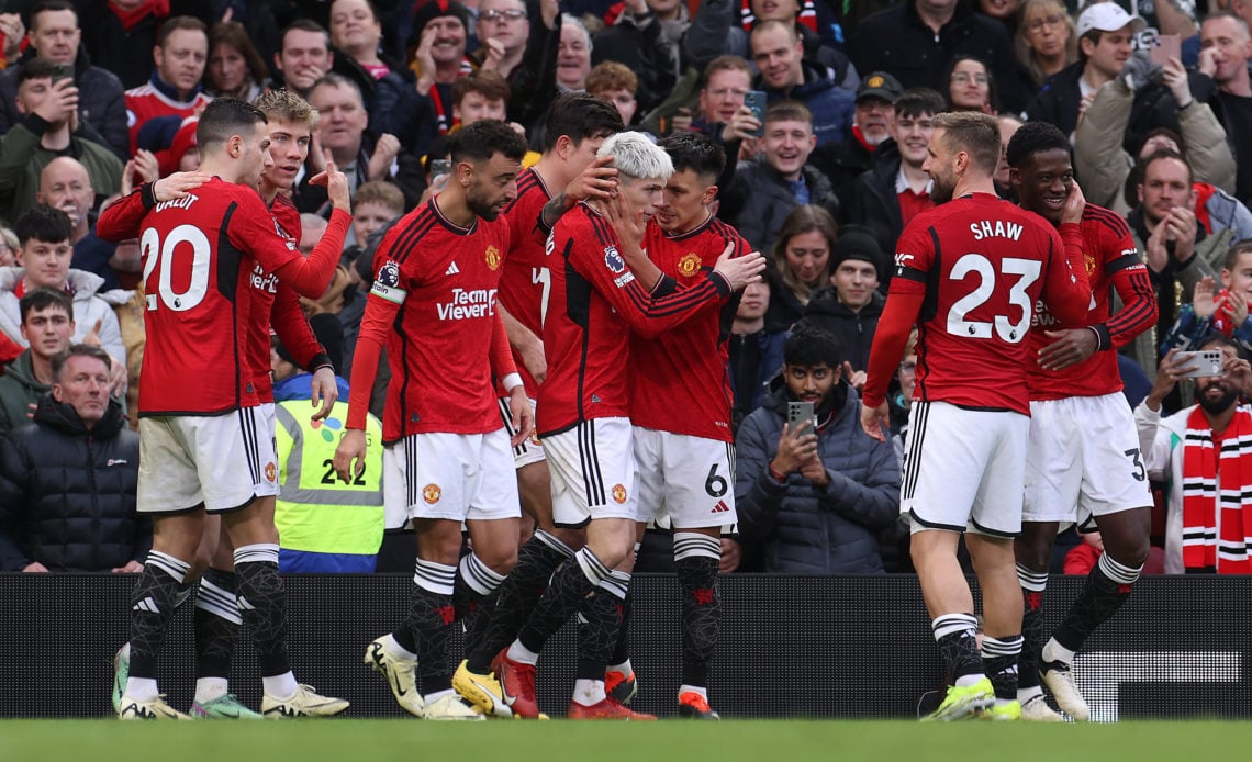 Alejandro Garnacho of Manchester United celebrates scoring their second goal during the Premier League match between Manchester United and West Ham...