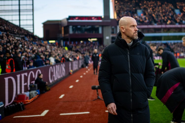 Manchester United Head Coach / Manager Erik ten Hag looks on prior to the Premier League match between Aston Villa and Manchester United at Villa P...