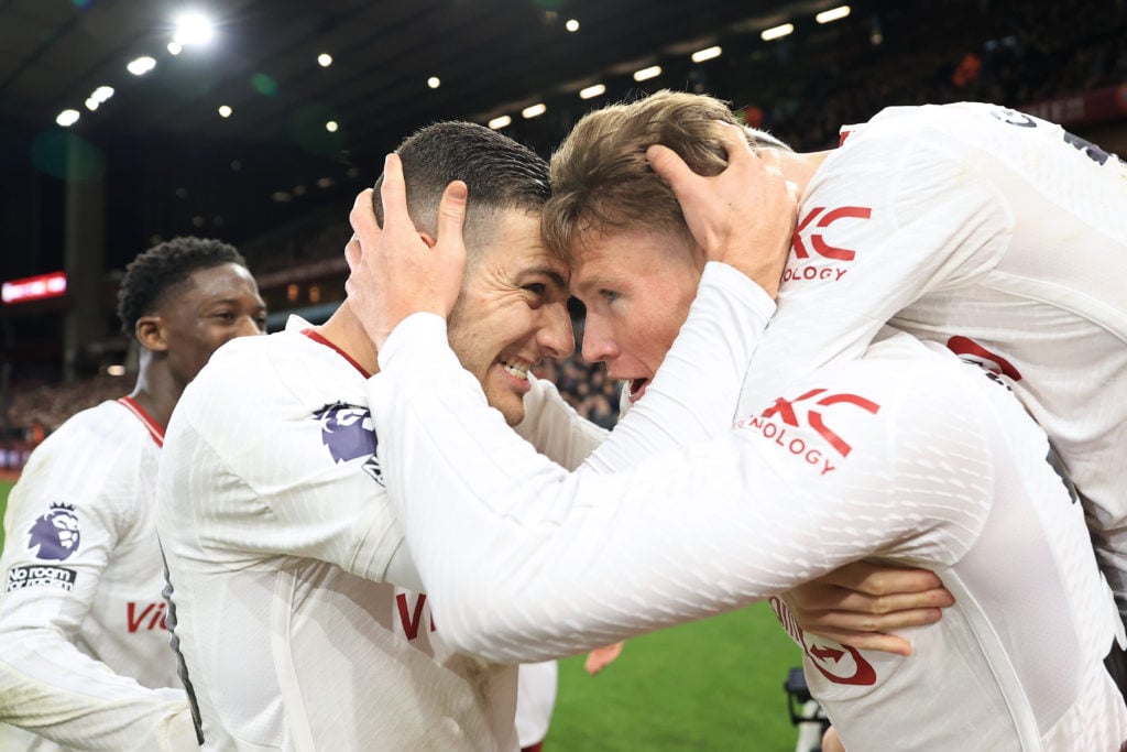 Scott McTominay of Manchester United (R) celebrates with Diogo Dalot of Manchester United after scoring their 2nd goal during the Premier League ma...