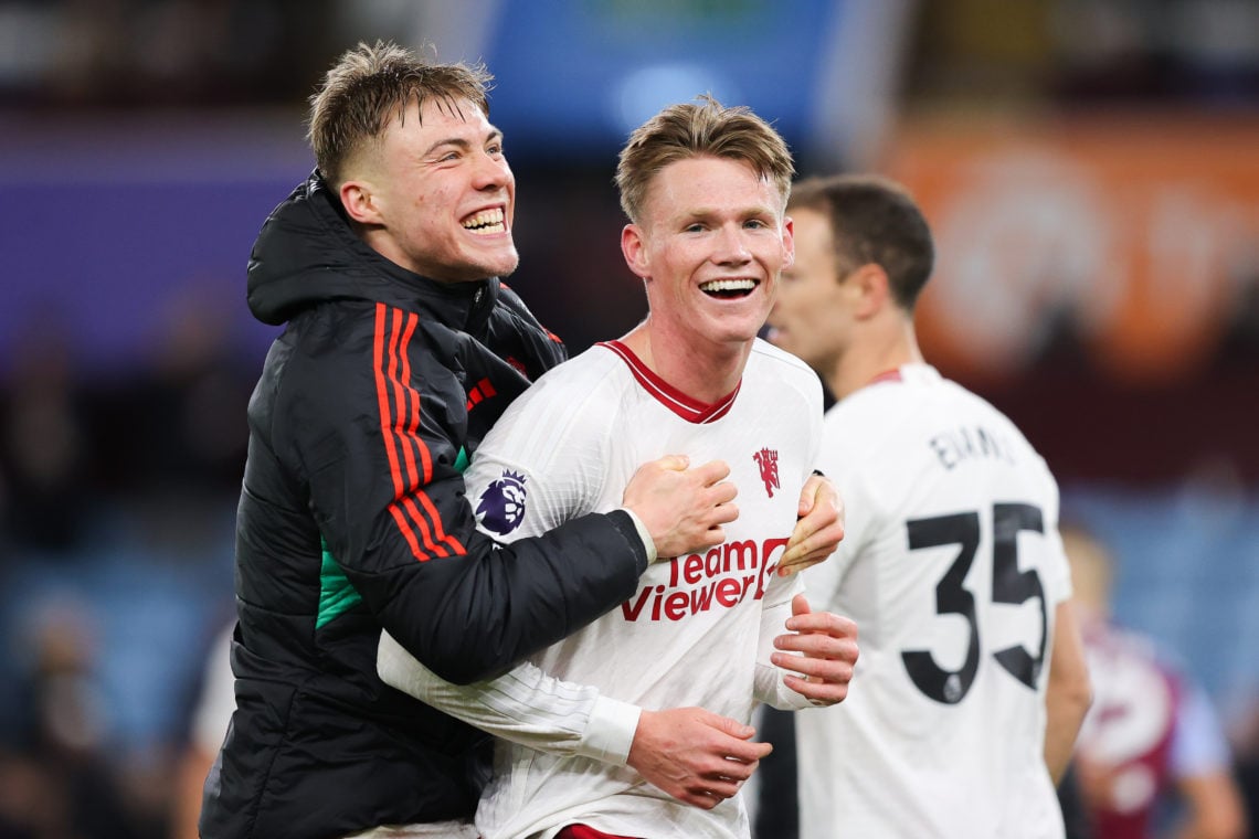 Rasmus Hojlund of Manchester United celebrates with Scott McTominay of Manchester United after the Premier League match between Aston Villa and Man...