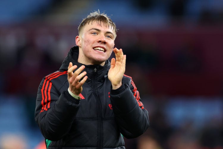 Rasmus Hojlund of Manchester United applauds the supporters following the Premier League match between Aston Villa and Manchester United at Villa P...