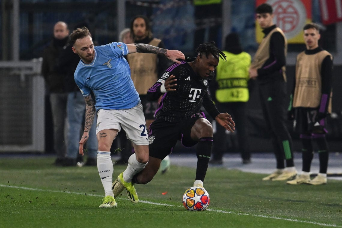 Manuel Lazzari of S.S. Lazio and Mathys Tel of F.C. Bayern Munchen are competing during the round of 16 of the UEFA Champions League match between ...