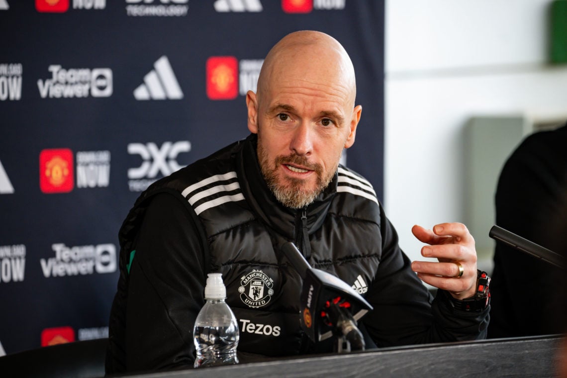 (EXCLUSIVE COVERAGE) Manager Erik ten Hag of Manchester United speaks during a press conference at Carrington Training Ground on February 15, 2024 ...