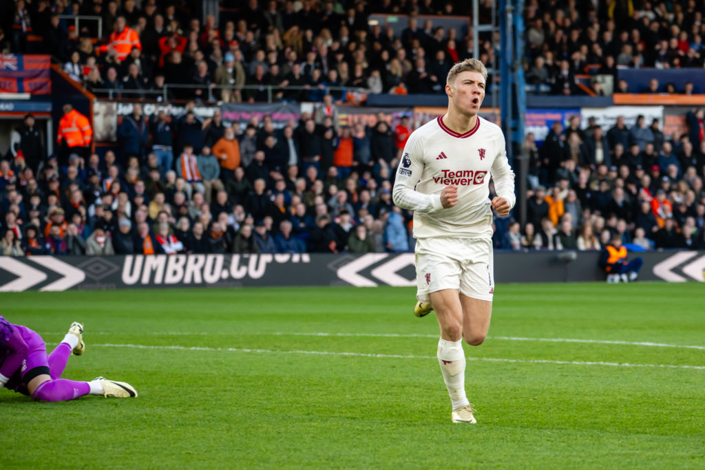 Rasmus Hojlund celebrates.