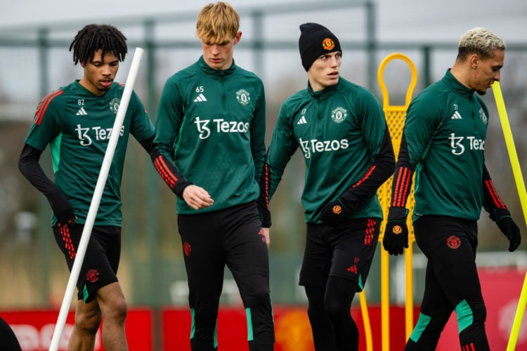 (EXCLUSIVE COVERAGE) Ethan Williams, Toby Collyer, Alejandro Garnacho, Antony of Manchester United in action during a first team training session a...