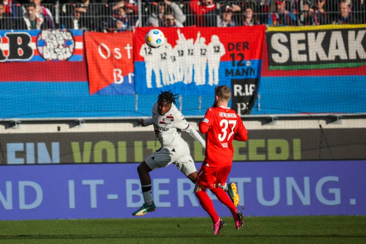 Jeremie Frimpong of Bayer Leverkusen fights for the ball during the Bundesliga match between 1. FC Heidenheim 1846 and Bayer 04 Leverkusen at Voith...