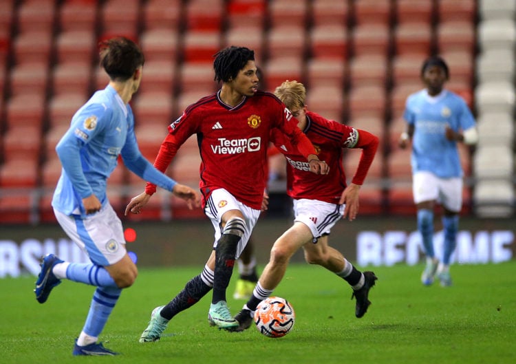 Ethan Williams of Manchester United U21s in action during the Premier League 2 match between Manchester United U21s and Manchester City U21s at Lei...