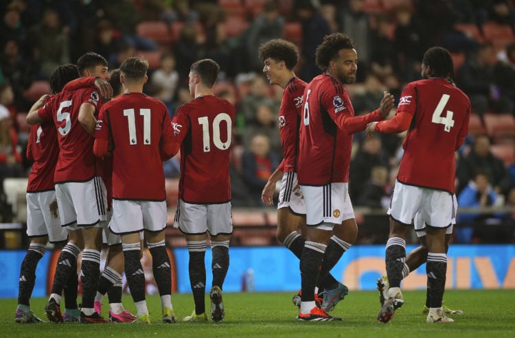 Tom Huddlestone of Manchester United U21s celebrates scoring their second goal during the Premier League 2 match between Manchester United U21s and...