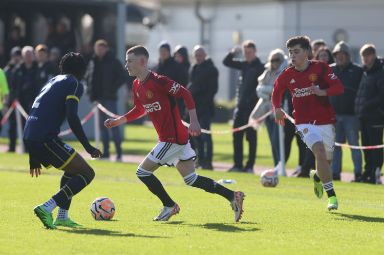 Ashton Missin of Manchester United in action during the U18 Premier League match between Manchester United and Middlesbrough at Carrington Training...