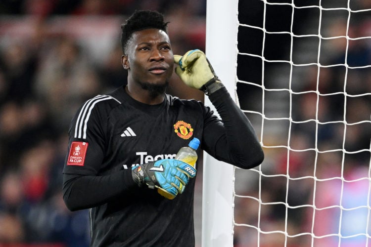 Andre Onana of Manchester United gestures as he reacts during the Emirates FA Cup Fifth Round match between Nottingham Forest and Manchester United...