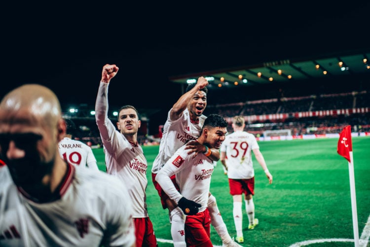 Casemiro of Manchester United celebrates scoring their first goal during the Emirates FA Cup Fifth Round match between Nottingham Forest and Manche...