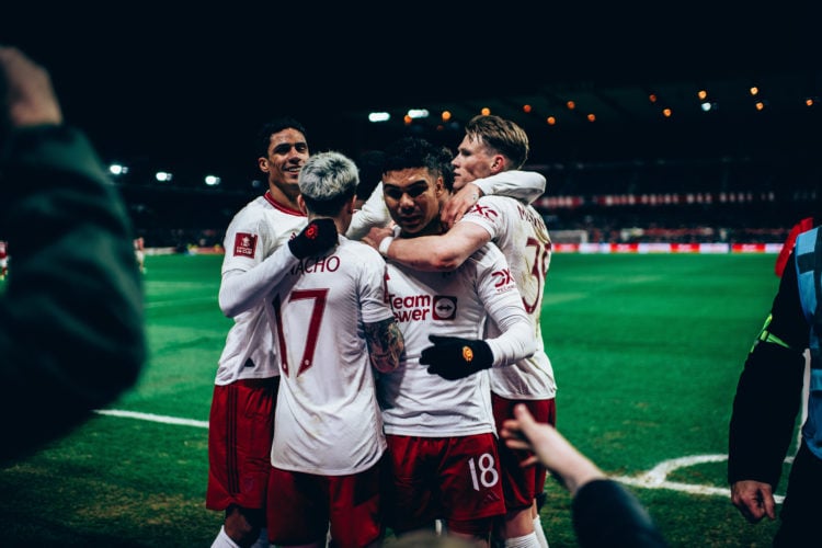 Casemiro of Manchester United celebrates scoring their first goal during the Emirates FA Cup Fifth Round match between Nottingham Forest and Manche...