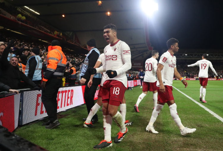 Casemiro of Manchester United celebrates scoring the first goal during the Emirates FA Cup Fifth Round match between Nottingham Forest and Manchest...