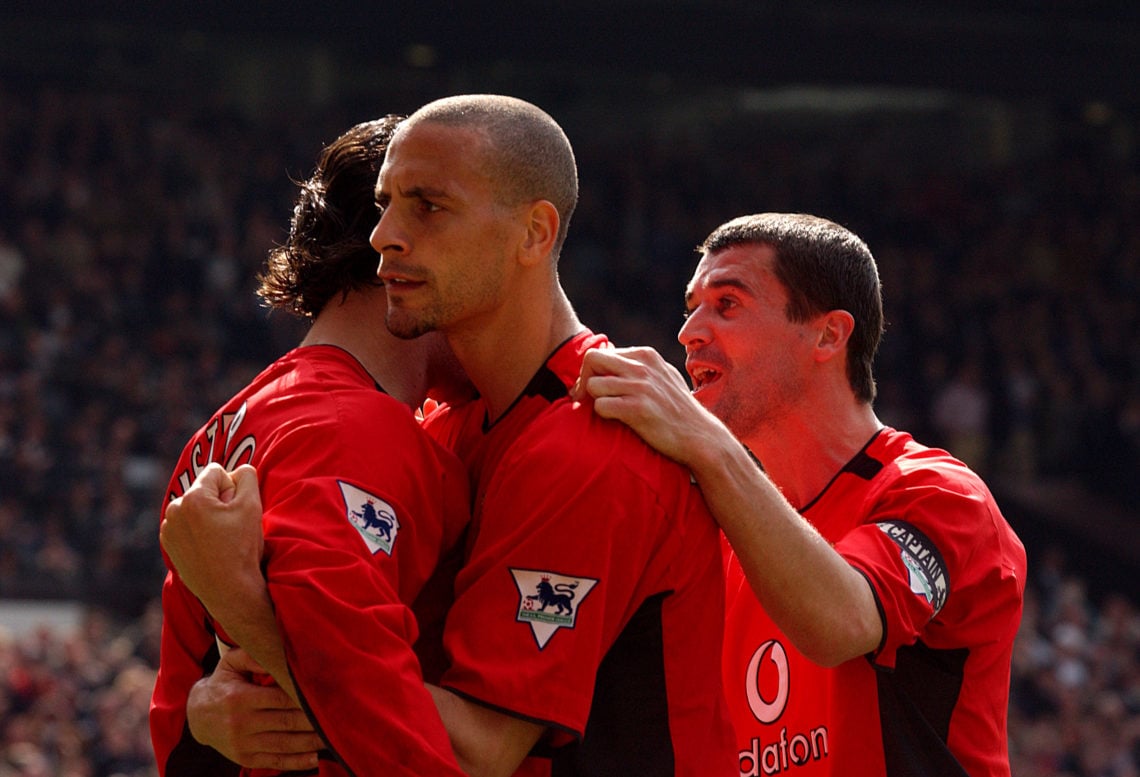 Ruud van Nistelrooy (left) celebrates his second goal with teammates Rio Ferdinand and Roy Keane during the FA Barclaycard Premiership match betwee...