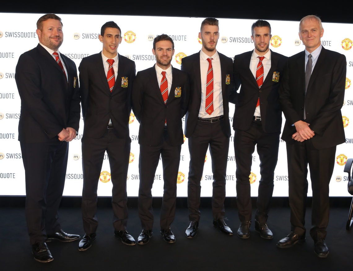 (EXCLUSIVE COVERAGE) Juan Mata, Angel di Maria, David de Gea and Robin van Persie of Manchester United pose with Group Managing Director Richard Ar...