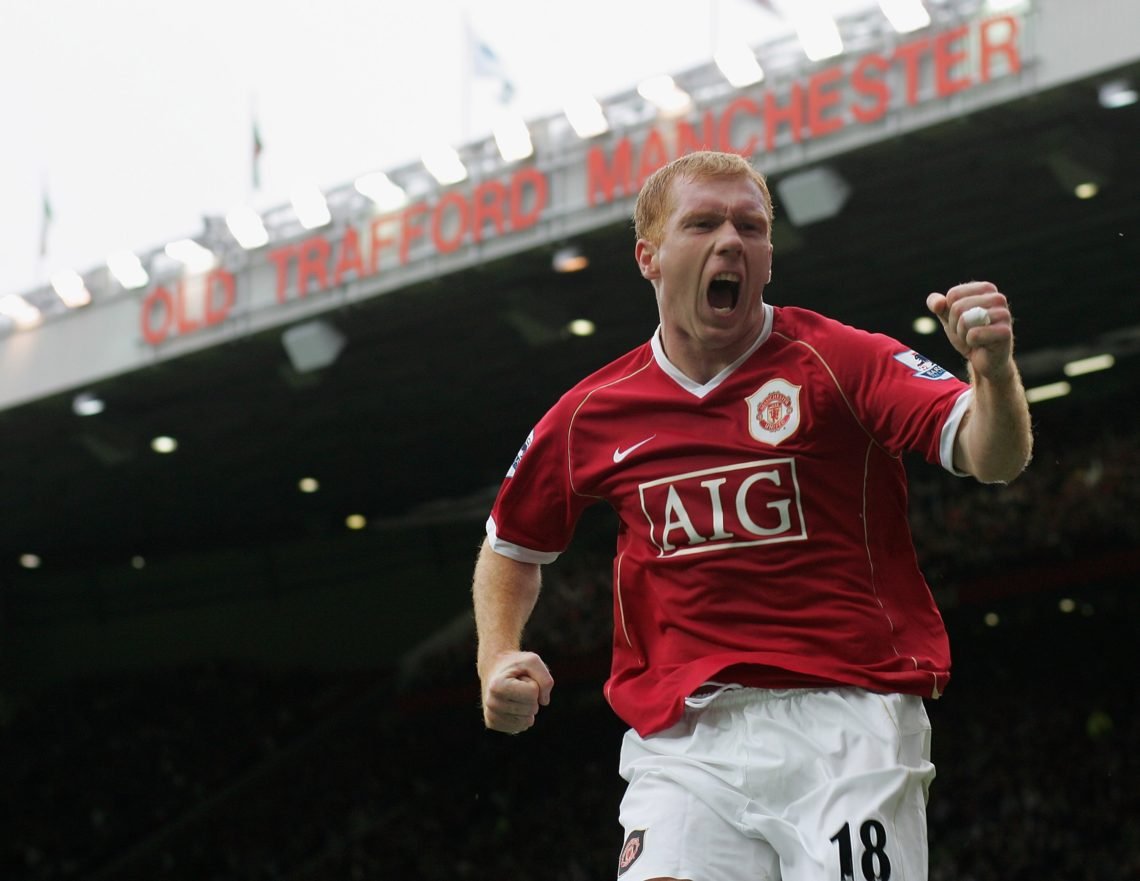 Paul Scholes of Manchester United celebrates scoring the first goal on his 500th club appearance, during the Barclays Premiership match between Man...