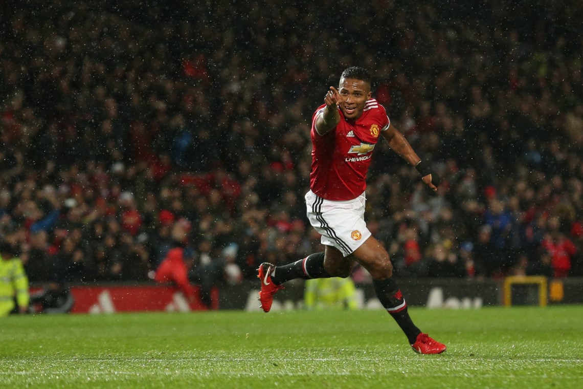 Luis Antonio Valencia of Manchester United celebrates after scoring a goal to make it 1-0 during the Premier League match between Manchester United...