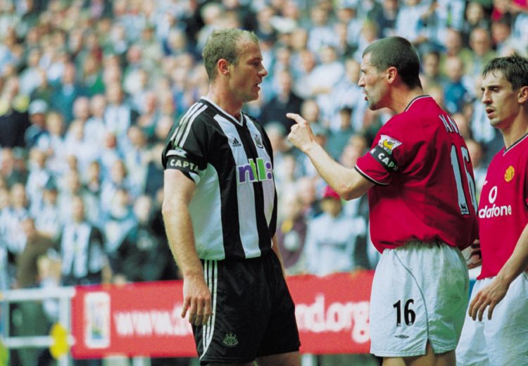15 Sep 2001:  Roy Keane of Man Utd argues with Newcastle captain Alan Shearer during the FA Barclaycard Premiership match between Newcastle United ...