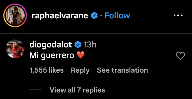 Diogo Dalot’s message to Man United teammate Raphael Varane. Credit: Instagram
