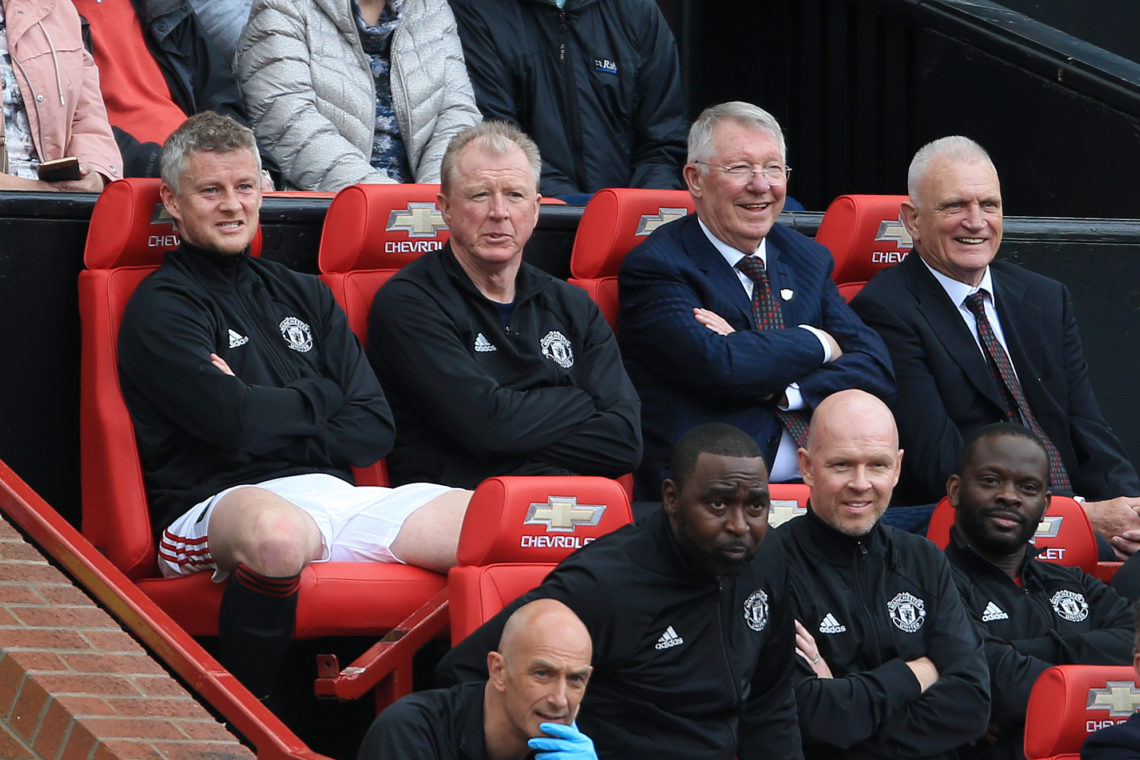 Ole Gunnar Solskjaer of Man Utd (L) sits on the bench alongside Man Utd assistant Steve McClaren (2L) and Man Utd manager Sir Alex Ferguson (2R) du...