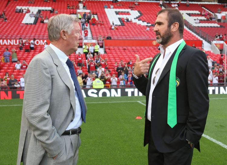 Sir Alex Ferguson (L) of Manchester United talks with Eric Cantona of New York Cosmos ahead of Paul Scholes' Testimonial match between Manchester U...