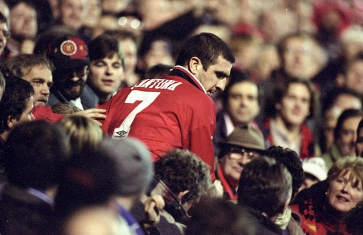 12 Dec 1995:  Eric Cantona of Manchester United is surrounded by the fans after an FA Carling Premiership match against Chelsea at Old Trafford in ...
