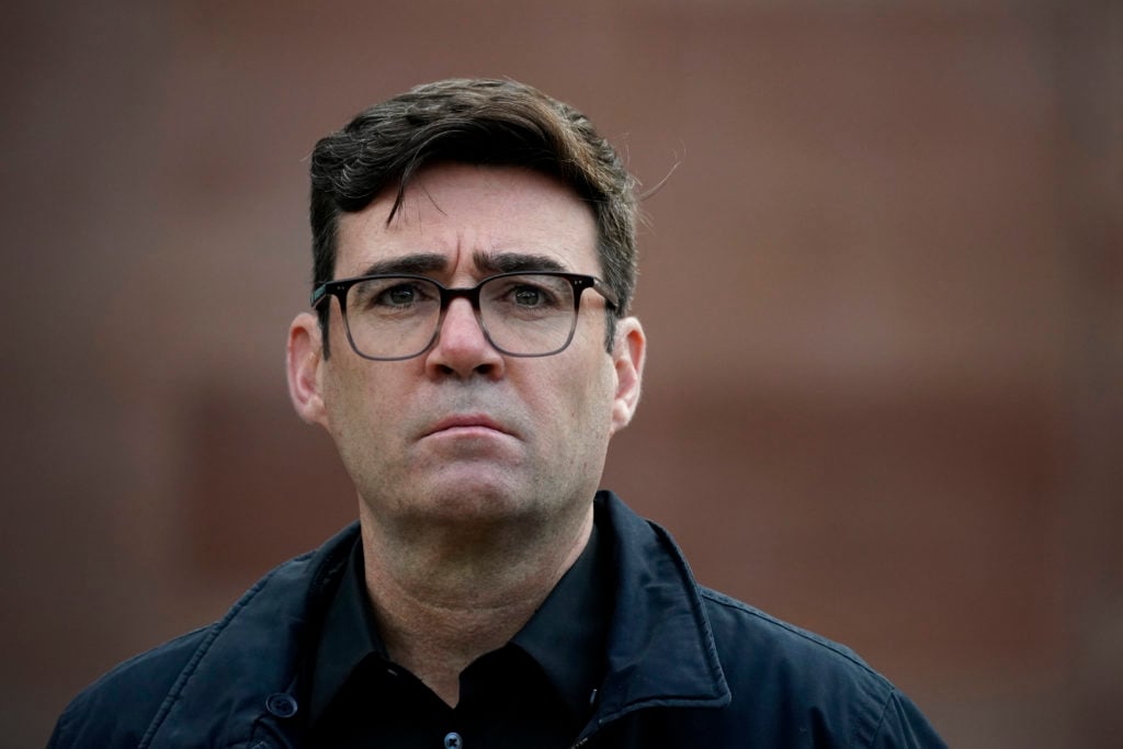 Greater Manchester mayor Andy Burnham speaks to the media outside Bridgewater Hall, in the shadow of the North West Nightingale Hospital at Manches...