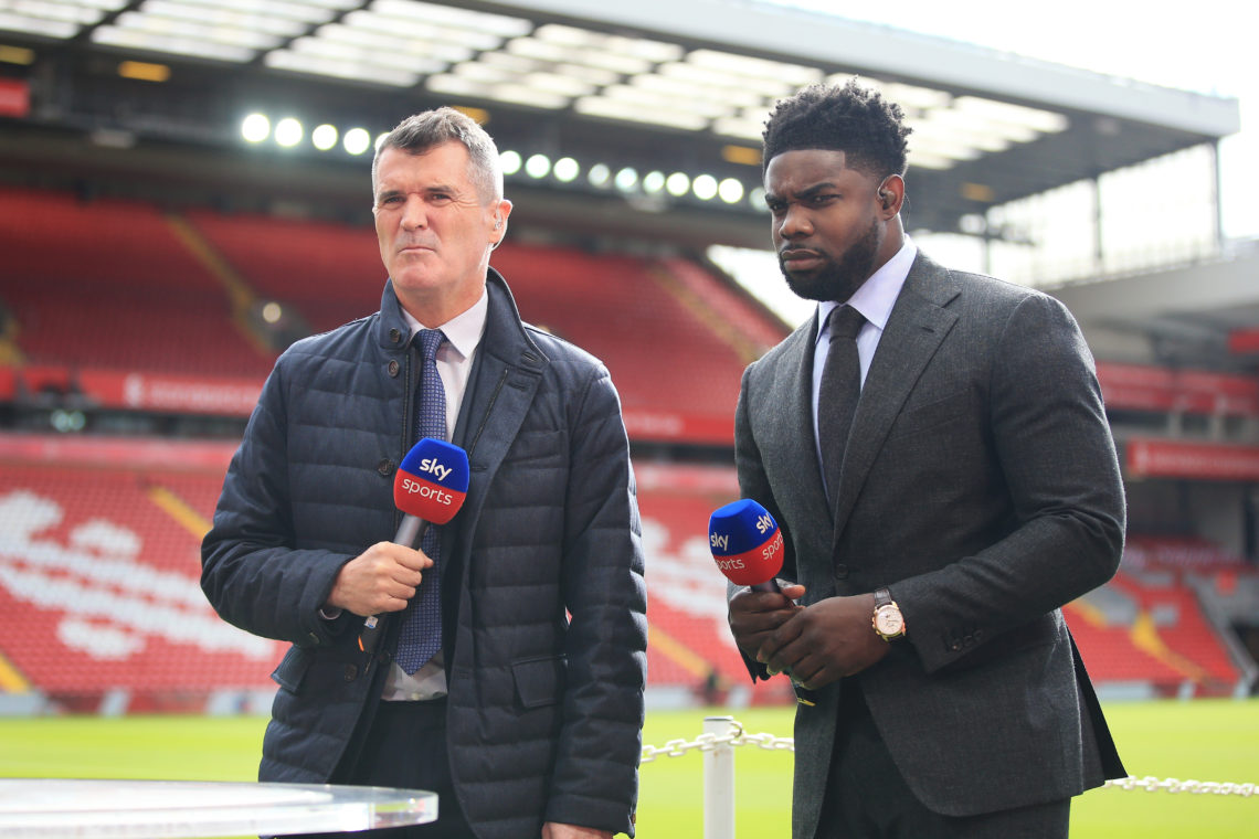 Sky Sports television pundits Roy Keane (L) and Micah Richards look on before the Premier League match between Liverpool and Manchester City at Anf...