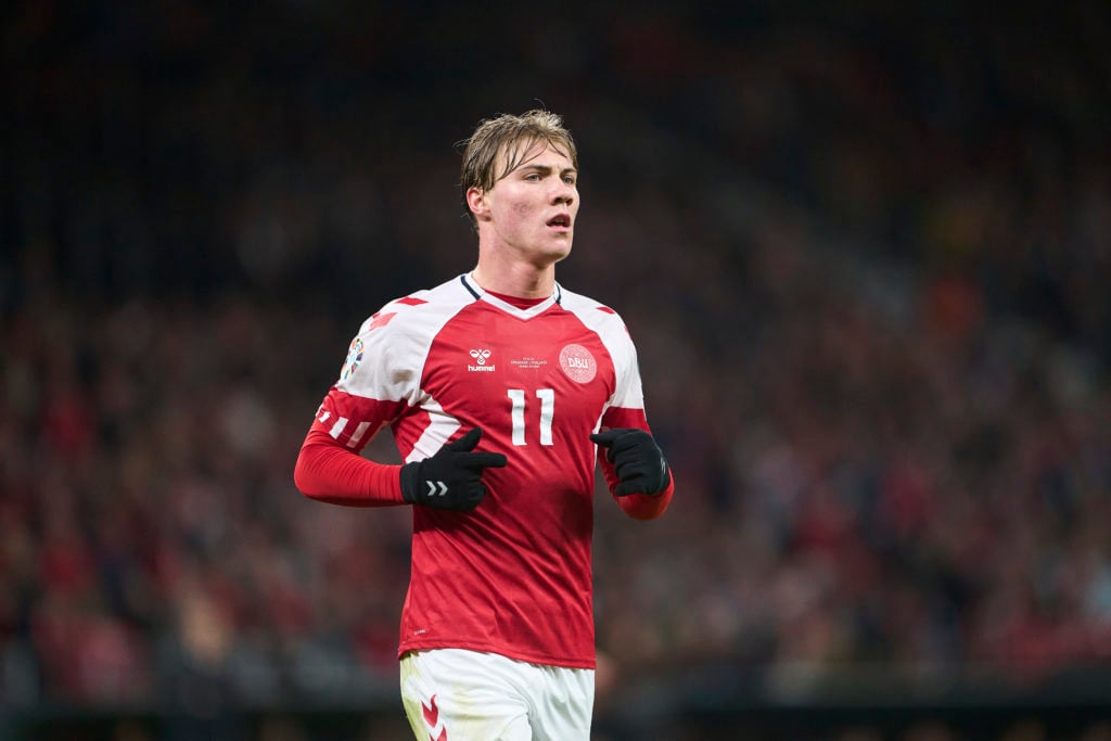 Rasmus Hojlund of Denmark looks on during the UEFA EURO 2024 qualifier match between Denmark and Finland at Parken on March 23, 2023 in Copenhagen,...