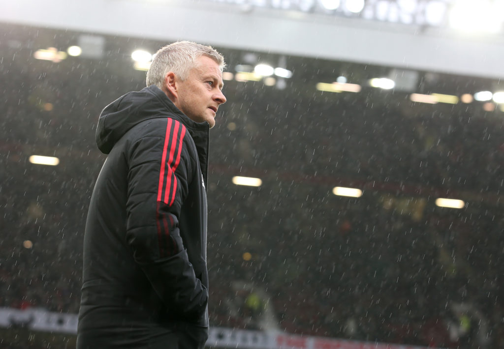 Manager Ole Gunnar Solskjaer of Manchester United walks out for the second half during the Premier League match between Manchester United and Manchester City at Old Trafford on November 06, 2021