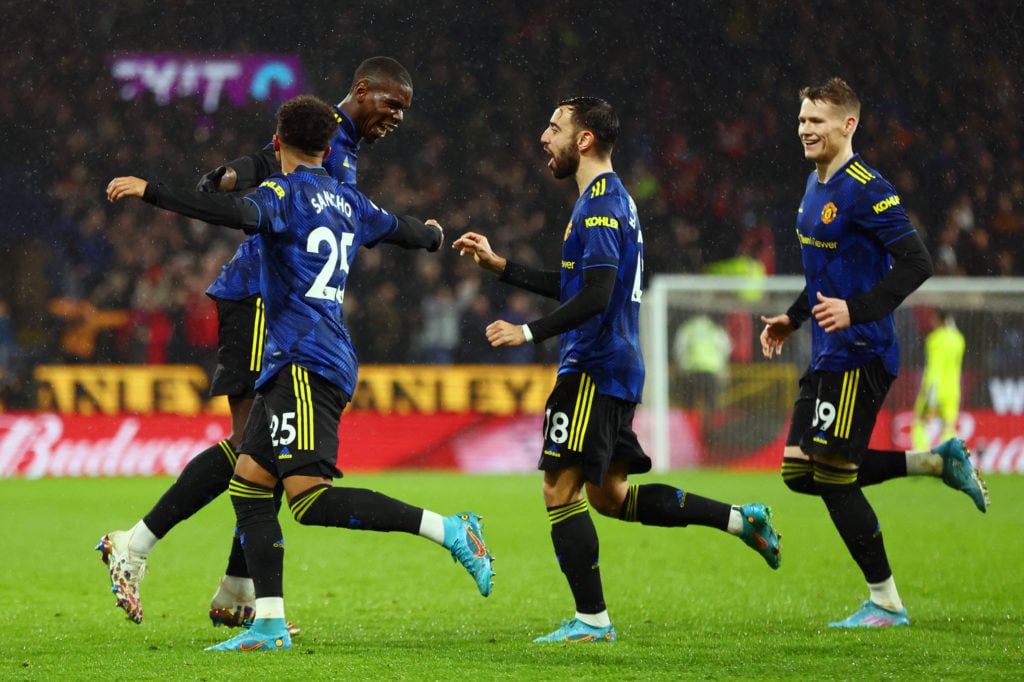 Paul Pogba of Manchester United (2L) celebrates with teammates Jadon Sancho, Bruno Fernandes and Scott McTominay after scoring their team's first g...