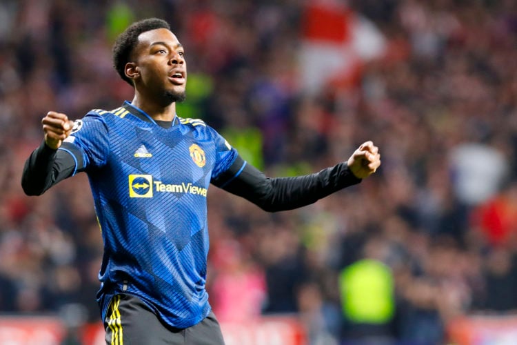 Anthony Elanga of Manchester United celebrates his goal during the UEFA Champions League match between Club Atlético de Madrid and Manchester Unite...