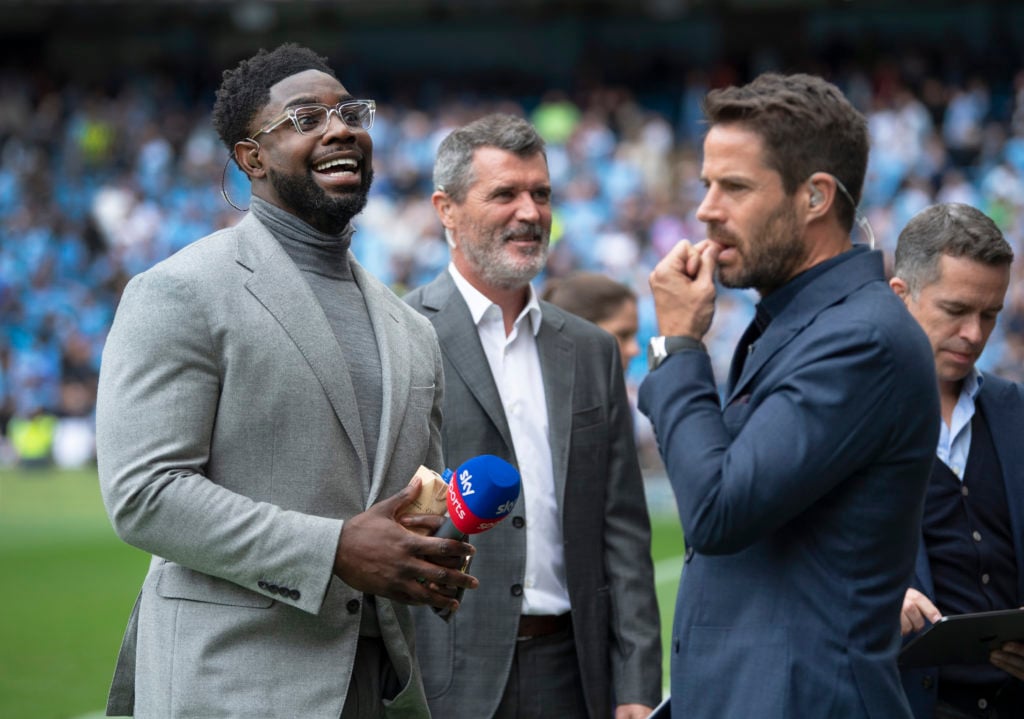 Sky Sports pundits Micha Richards, Roy Keane and Jamie Redknapp before the Premier League match between Manchester City and Aston Villa at Etihad S...